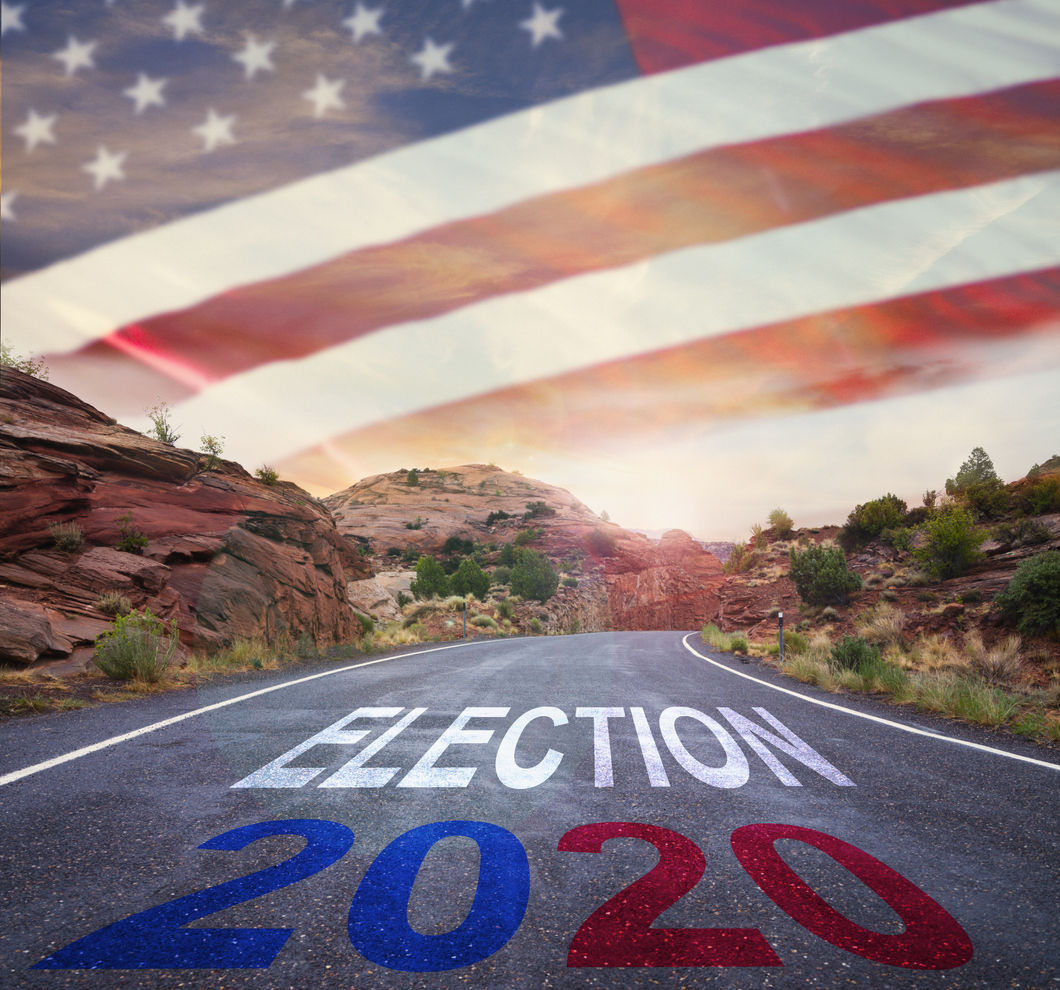 Election 2020 road sign with American flag